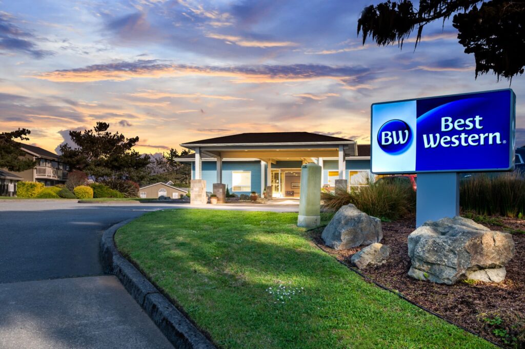 The Inn at Face Rock, an Oregon Coast hotel, during twilight after a storm.