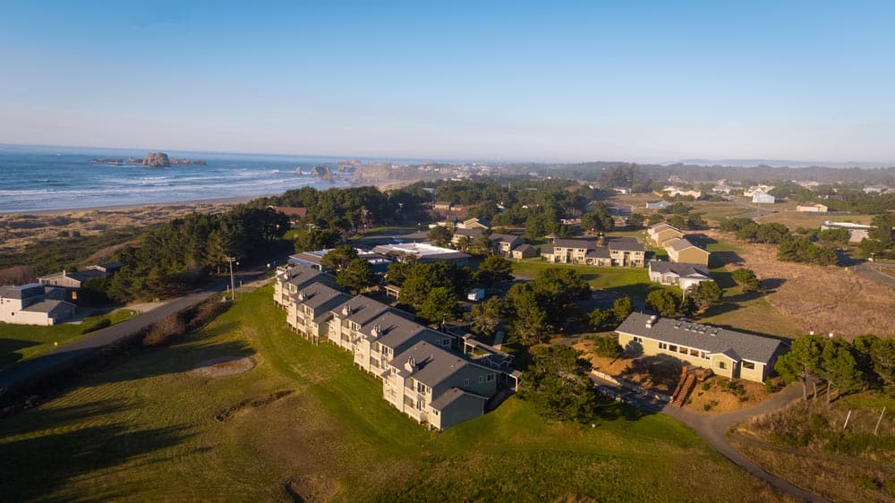 A bird's eye view of the expansive property at the Inn at Face Rock - one of the best pet friendly hotels on the Oregon Coast