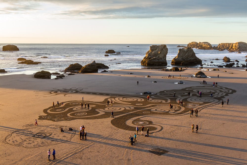 Aerial view of the Circles in the sand on Bandon Beach, one of the best beaches in Oregon