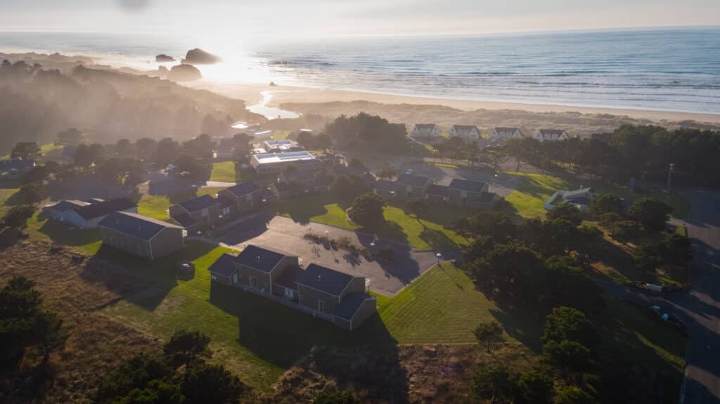 Aerial shot of Inn at Face Rock, a romantic getaway on the Oregon Coast near Old Town Bandon